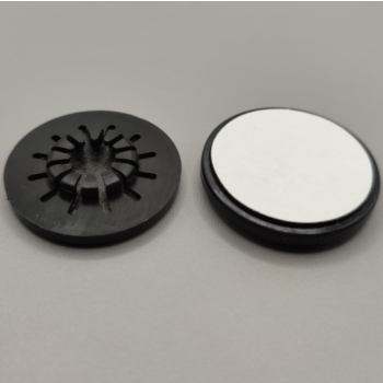 Uchwyt sztywny samoprzylepny do CD, rozeta czarna, średnica 30 mm - widok z góry, pod kątem, dwie strony